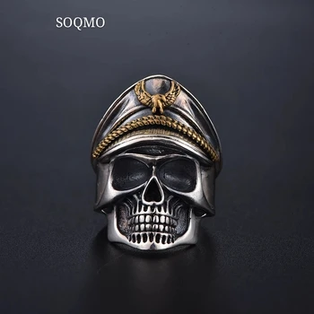 

SOQMO 925 Silver World War II Soldier Anniversary Mens Rings Punk Rock Vintage Adjustable Size Skull Ring Biker Men Jewelry