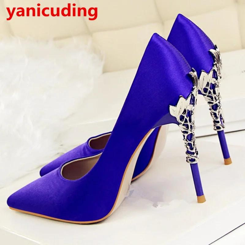 

yanicuding Pointed Toe Satin Metal Embellished Leaves Decor High Gold Heel Women Pumps Super Star Runway Shoes Bridal Party Shoe