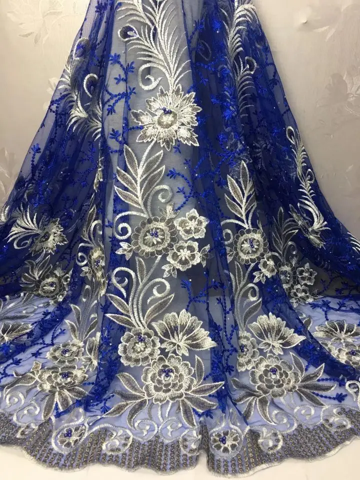

5 Yards/pc Fashion royal blue french net lace fabric match beads african mesh lace embroidery for dress CF19-1