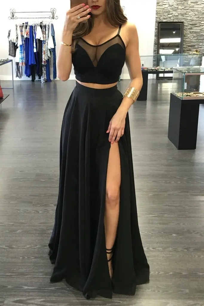 Two Pieces Black Prom Dress with High Slit Cocktail Formal Wear 1