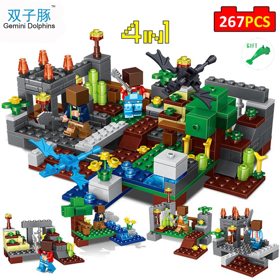 

267pcs 4 in 1 Mine World Town Group My World Compatible Legoed Minecraft Building Block Steve Figures Educational Bricks Toys