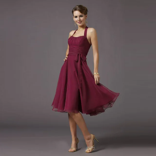 Wine Red Short Bridesmaid Dresses 2017 Knee Length Dress Wine Red Short Bridesmaid Dresses 2017 Knee Length Dress With Bow Sashes Halter Vestidos De