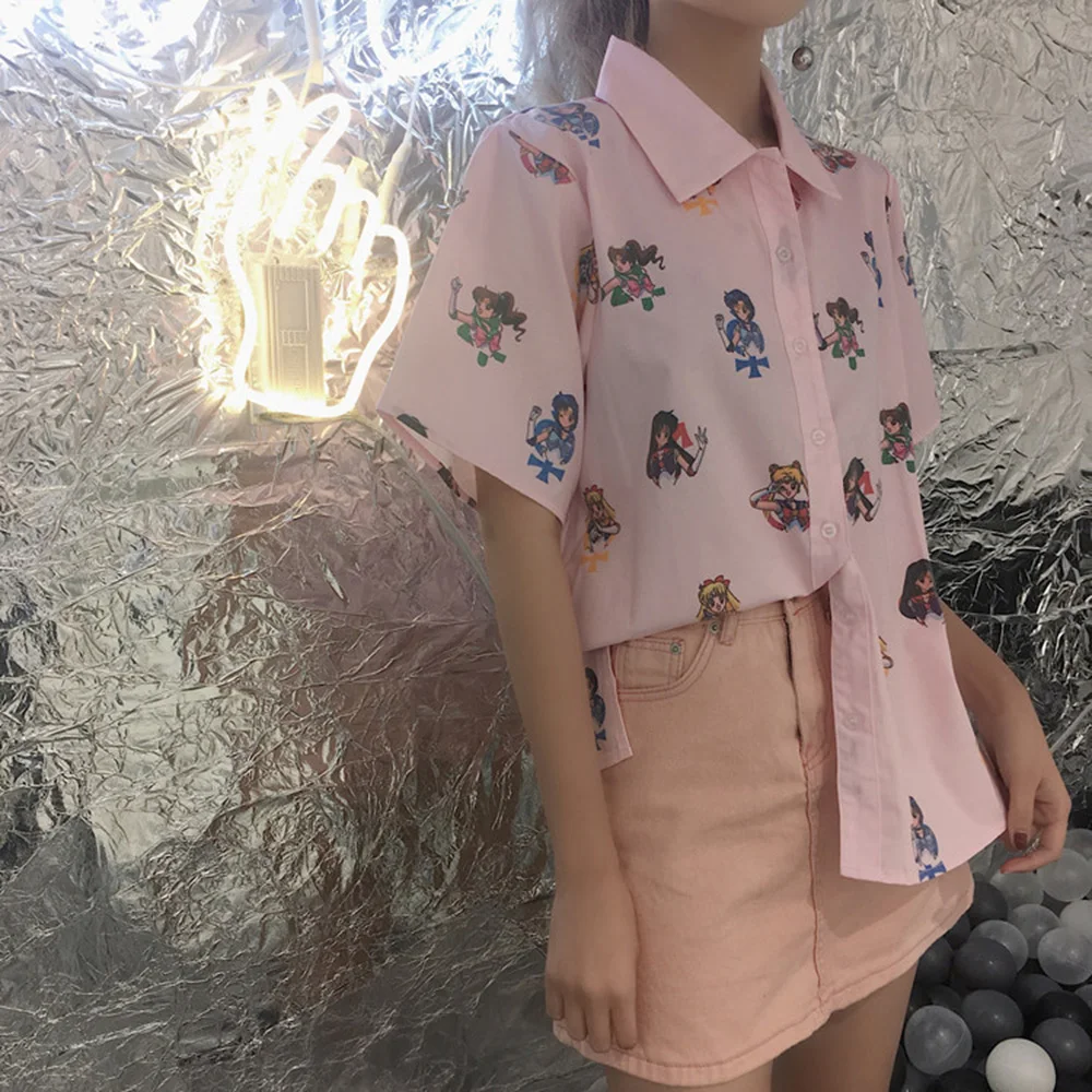 

Sailor Moon Pink Short Sleeve Shirts Harajuku T Shirt Women Clothes 2019 Cosplay Cute Kawaii Tops Turn Collar Cartoon Tshirt