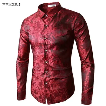 

2018 High quality Red Gold Purple Blue men's embroidery dress shirt Fashion Slim Wedding Party Bussiness Male Long Sleeve Shirts