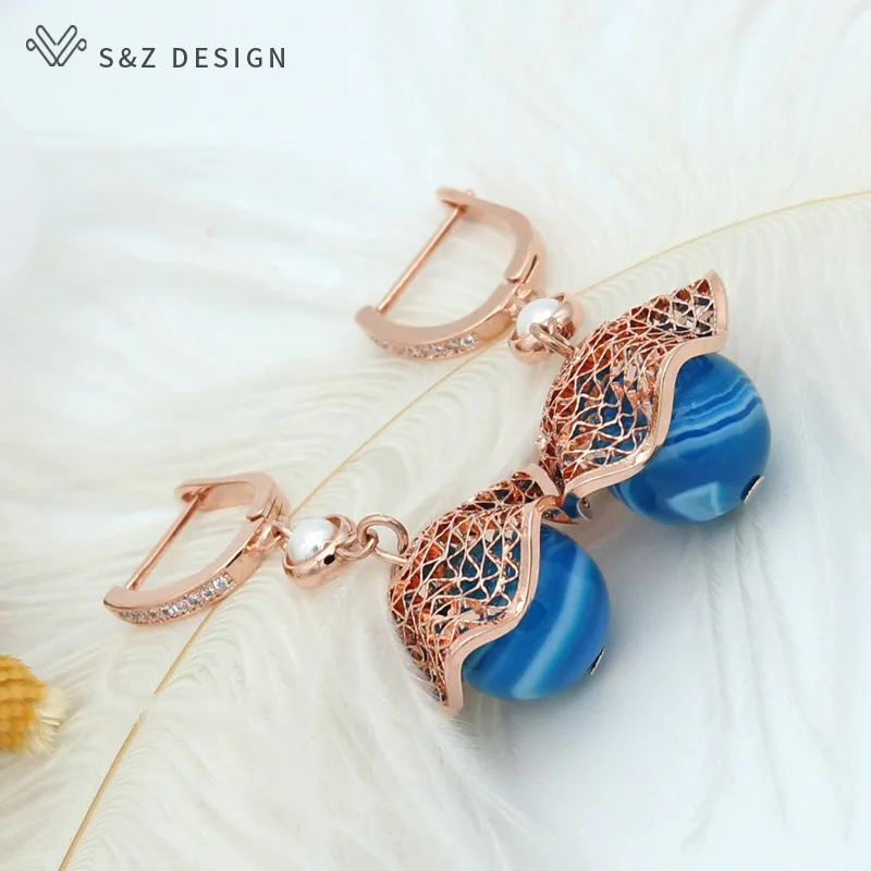 S&Z DESIGN New Blue Black Onyx Agates Round Natural Stone Dangle Earrings For Women 585 Rose Gold Color Jewelry Gift