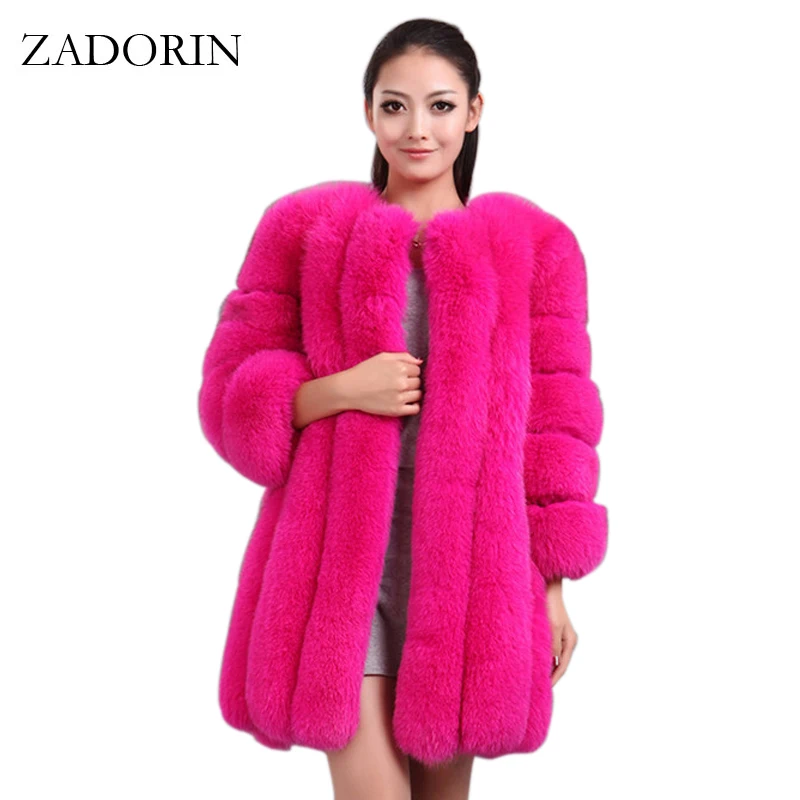 ZADORIN S 4XL Winter Luxury Faux Fox Fur Coat font b Slim b font Long Pink