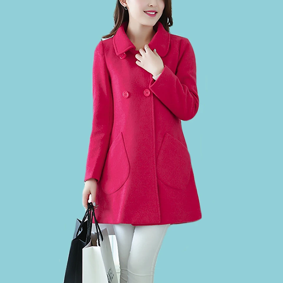 Fashion Women Turn down Collar Double breasted Coats woollen cloth coat and long sections woolen coat