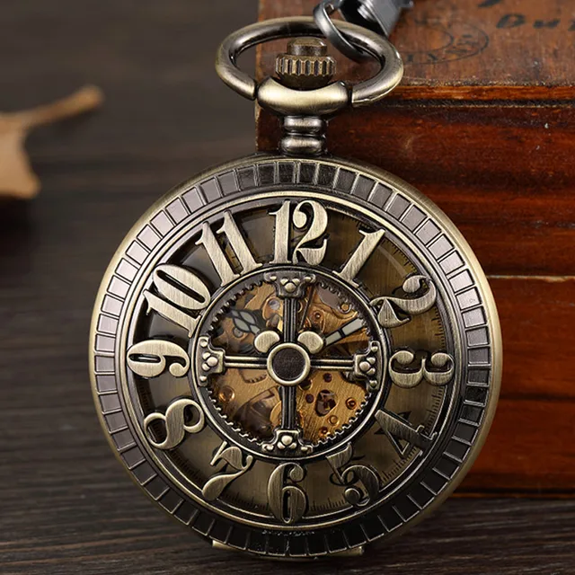 Vintage Bronze Arabic Numerals Case Skeleton Mechanical Pocket Watch Necklace Re Vintage Bronze Arabic Numerals Case Skeleton Mechanical Pocket Watch Necklace Re