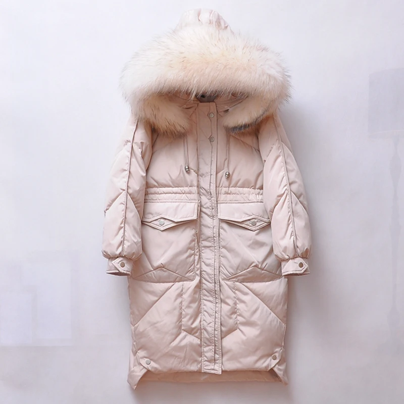 Зимняя куртка с воротником из натурального меха енота, новинка, Зимняя женская парка с капюшоном, теплая куртка для женщин, длинная белая куртка на утином пуху
