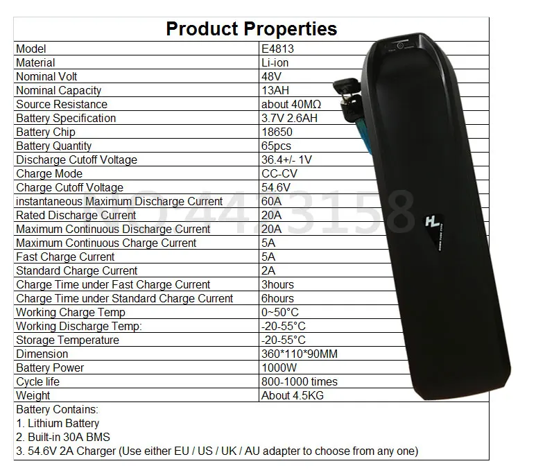 Best US EU No Tax E-Bike Hailong Battery 48V 13AH Electric Bike Down Tube Li-ion Battery for 1000W Bafang Conversion Kit + 2A Charger 2