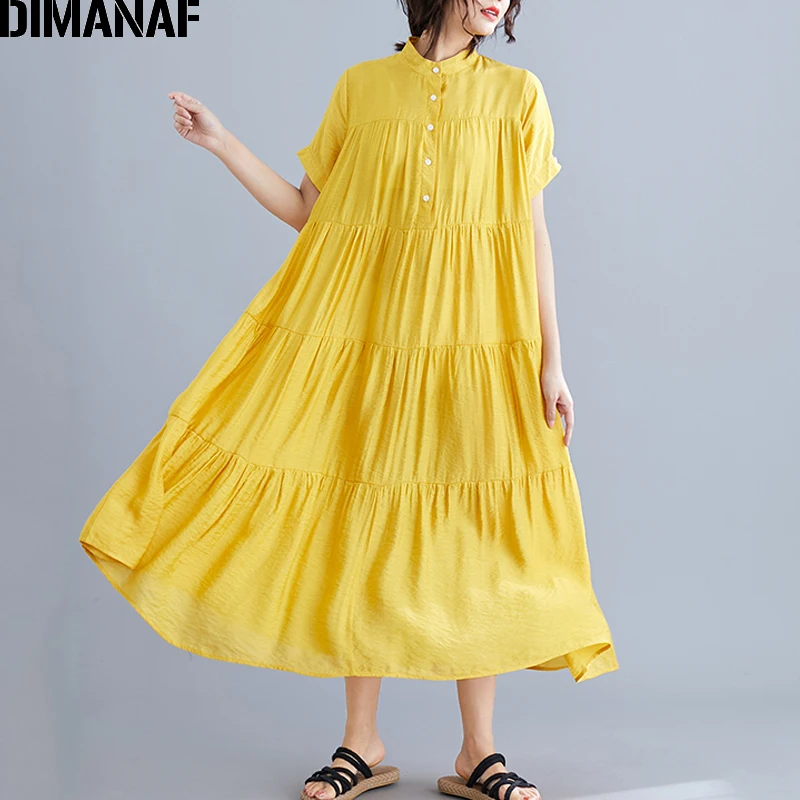 

DIMANAF Plus Size Women Dress Big Size Loose Female Vestidos Lady Elegant Long Dress Pleated Spliced Summer Sundress 5XL 6XL New