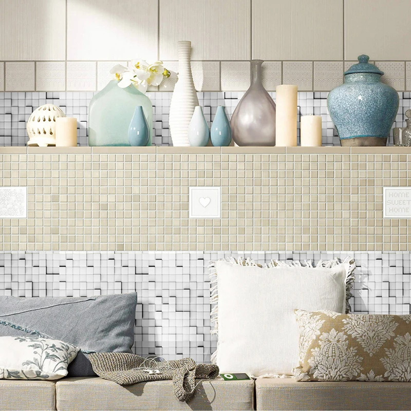 20pcs Self-adhesive Tiles Stickers Waist Line Kitchen Wall Sticker PVC Floor Wallpaper Home Decor Bright Color 10x10 20x20cm