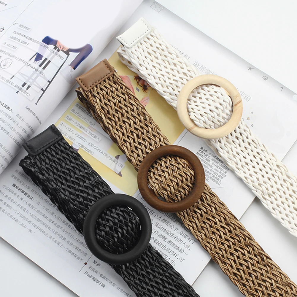 

1Pc Knitted Chain On Pants New Fashion Solid Belt With Round Wooden Buckle Summer Boho Wide Braided Woven Straw Female Belt Hot