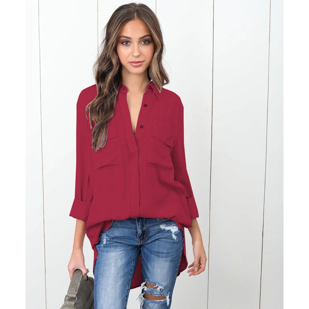 Sexy V cuello gasa moda de manga larga Irregular blusas Color sólido Turn-Down Collar camisas Ropa Mujer blusas