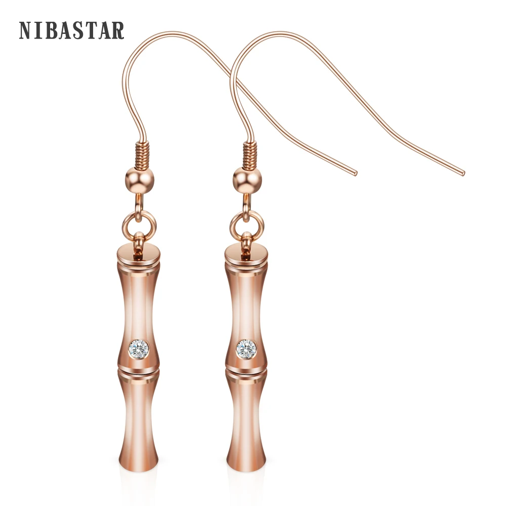

New Arrival Style 316L Stainless Steel Rose Gold Color Earrings Cubic Zirconia Bamboo Shape Drop Earrings