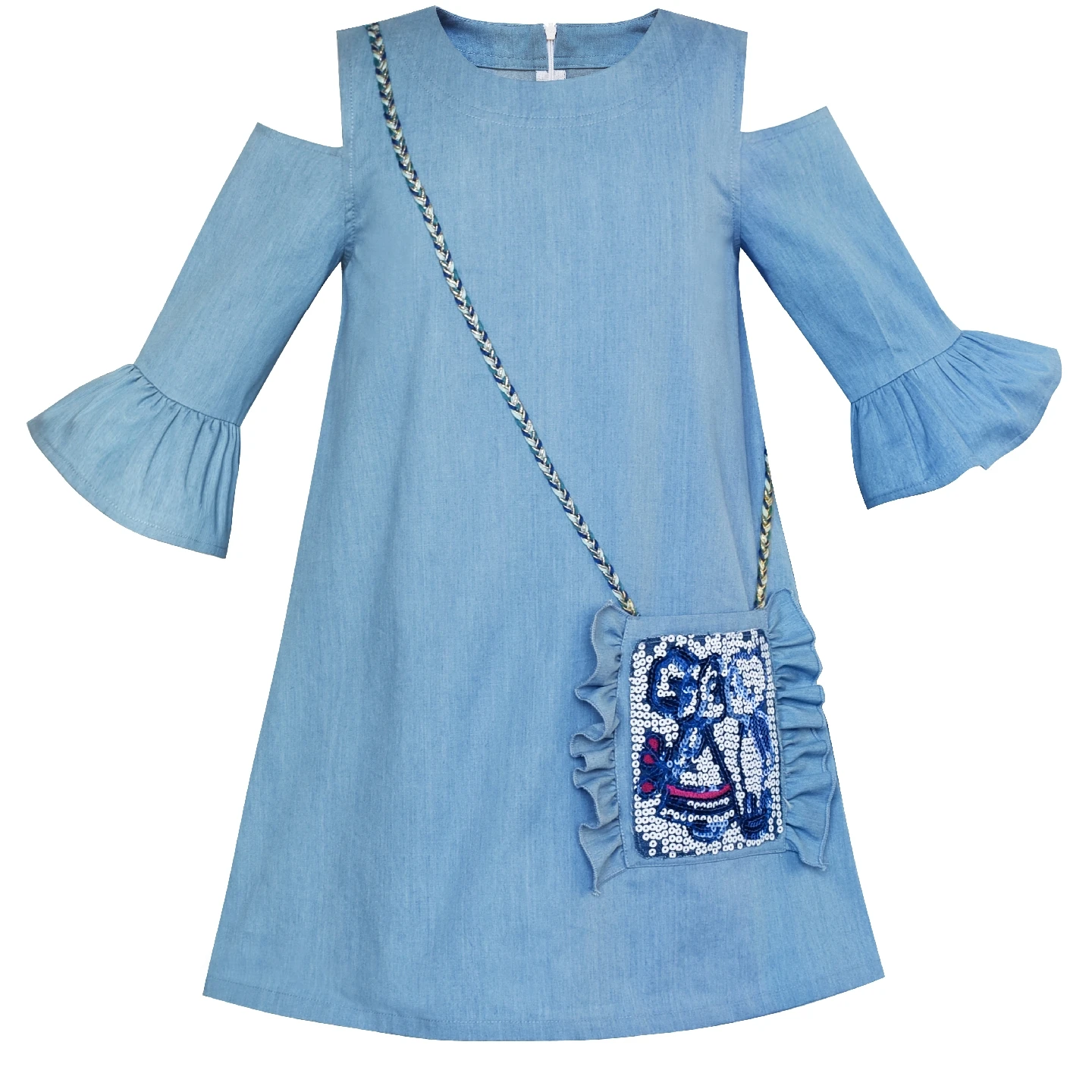 Girls Cold Shoulder Dress Denim Blue Cowboy 3/4 Sleeve Cotton 2020 Summer Princess Wedding Party Dresses Children Clothes | Детская