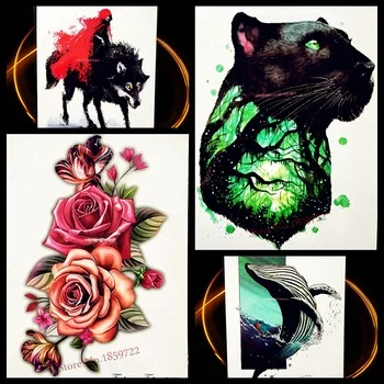 Black Cat Tree Forest Panther Temporary Tattoo Flash Women Body Art Fake Colored Tattoo Sticker Jaguar Black Cat Men Arm Leopard