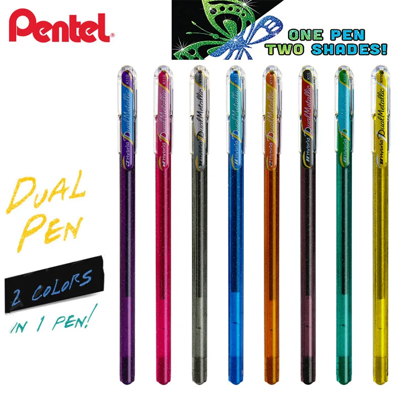 Pentel, двойные гибридные металлические ручки, сверкающие, жидкий гель, роликовый шар, художественный маркер, 1,0 мм, смелый, для черного цвета, украшение для открыток, рисунок