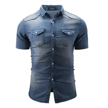 

2019 Mens Fashion Denim Chest pockets Turn Down Collar Short Sleeve Loose Fit Shirts -3XL