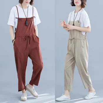

Women Solid Color Jumpsuits Plus Size Literature Bib Ankle-length Trousers Lady Loose Casual Suspender Pants XL-01