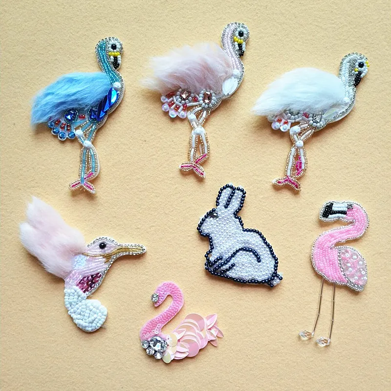 

6pcs/lot Handmade Sewing Bead Crystal Drill Swan Flamingo Rabbit Animal Embroidery Patches DIY Garment Accessories Applique