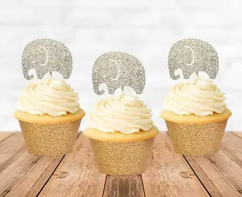 

Glitter silver elephant Circus Carnival Birthday Cupcake Toppers baby shower baptism wedding Dance Party toothpicks