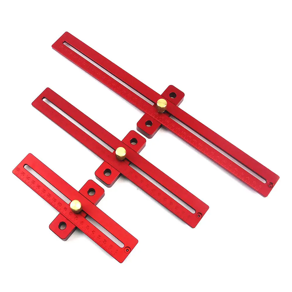 ALLSOME Aluminum Alloy 170/270/370mm Scale Measure Scribing Ruler Woodworking T-type Hole Ruler Mar