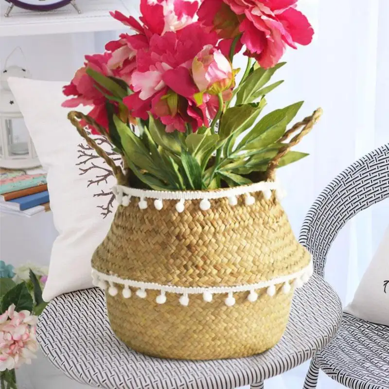 

Folding Straw Flowerpot Household Receives Big Belly Basket Primary Color Plant Horticultural Flowerpot Handicraft