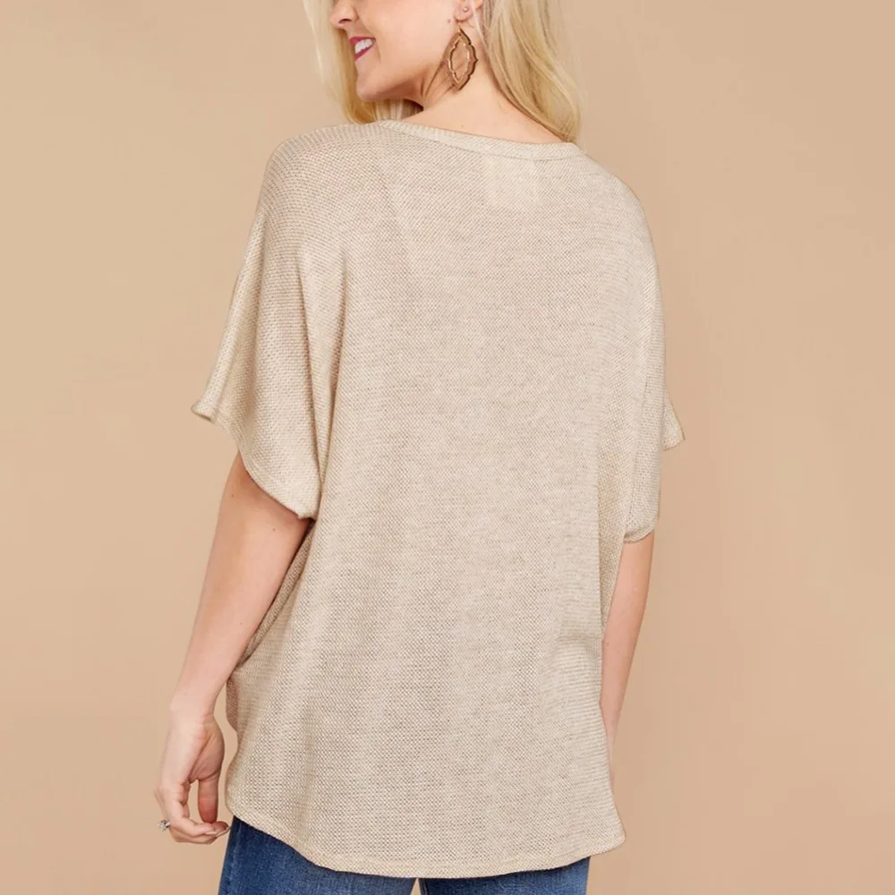 Hot Sale European and American Style Solid Color Short Sleeve Shirts Blouse Cotton Blend 2018 V Neck Cardigan Style Blouse Women (17)