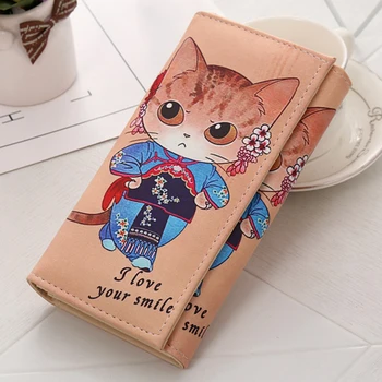 

New 2019 fashion Trend Originality Cute woman PU leather Long Wallet Two folds Doodling Multi-patter Cartoon Card bag Hasp