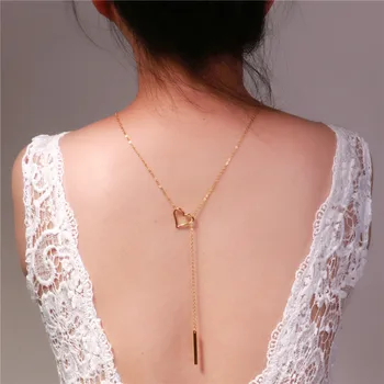

Backdrop Necklace Heart Shaped Hollow Bar Pendant Design Long Sweater Necklaces Gold Color Body Back Chain Bride Wedding Jewelry
