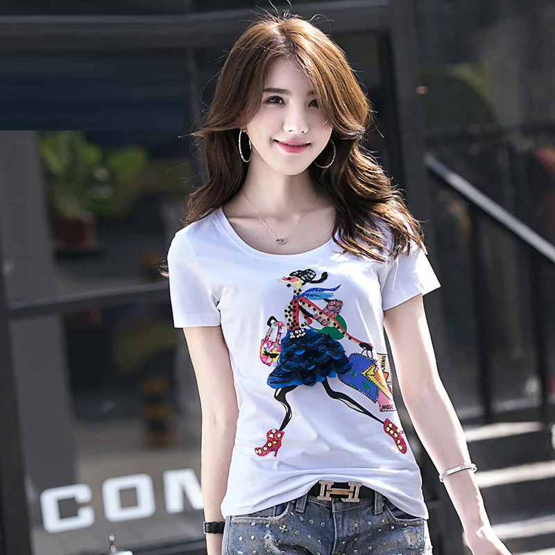 2017 New Short Sleeved Summer Ladies T Shirt Wholesale Fashion Handmade Pattern Slim Version Small Shirt