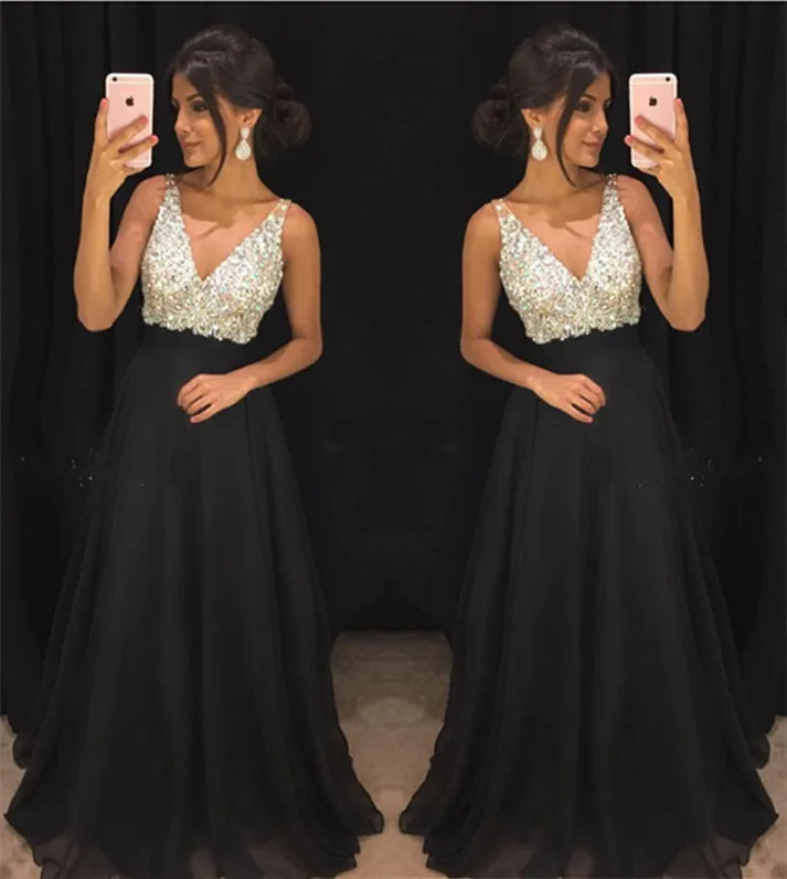 Сексуальные вечерние платья с v-образным вырезом, длинные vestidos de fiesta de noche, украшенные бисером и кристаллами, abendkleider, вечернее платье для особых случаев - Цвет: Черный