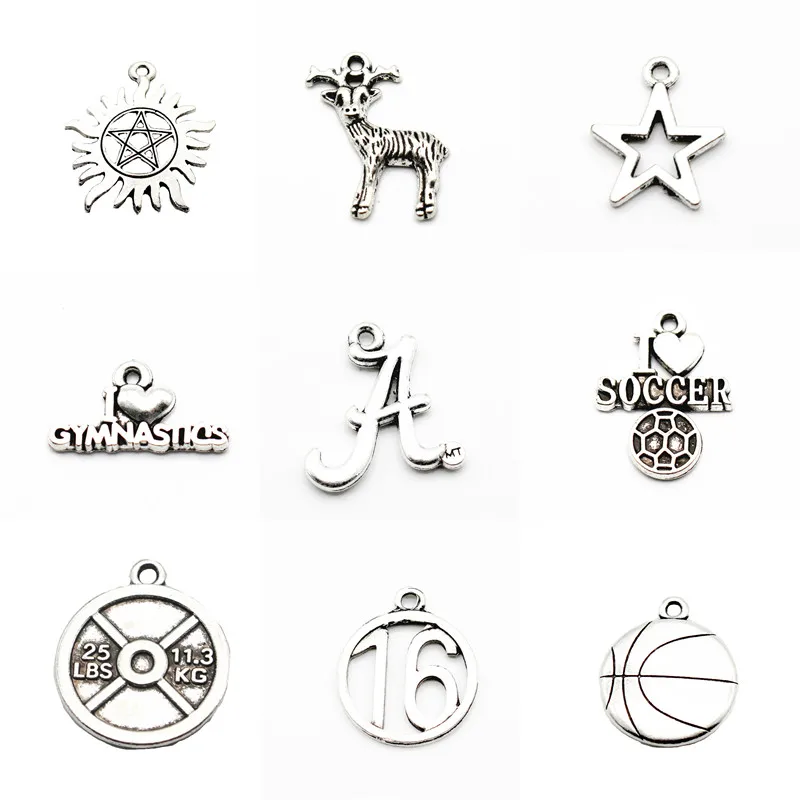 

Hot selling 12pcs/lot Silver Alloy deer I love football Dangle Charms Lobster Clasp Hanging Charm fit Bracelet&Pendant Necklace