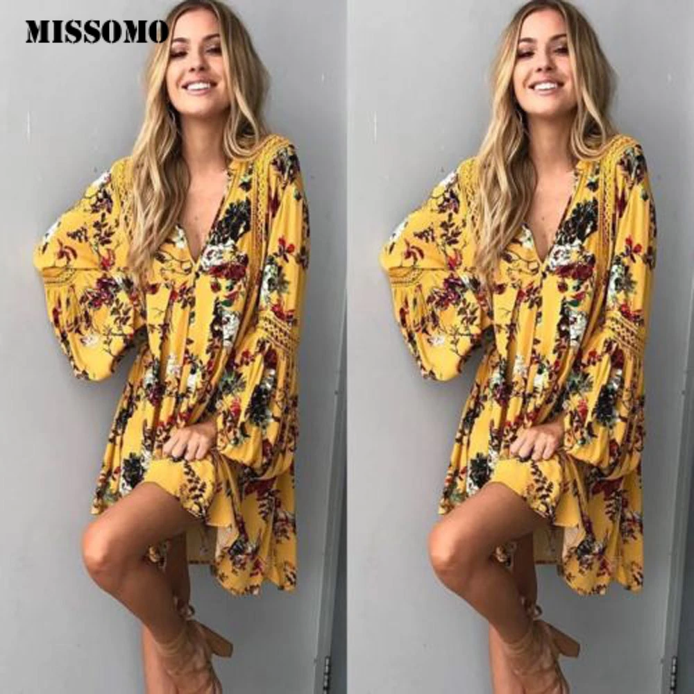 

JAYCOSIN Dress Women Boho Floral Long Maxi Evening Party Beach Mini Dress Sundress long sleeve Casual Plus Size vestidos 65
