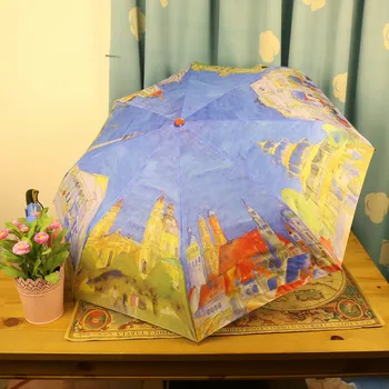 

Creative Three Folding Umbrella Eight country oil Painting Automatic sunshade Umbrella Sunny and Rainy Umbrella