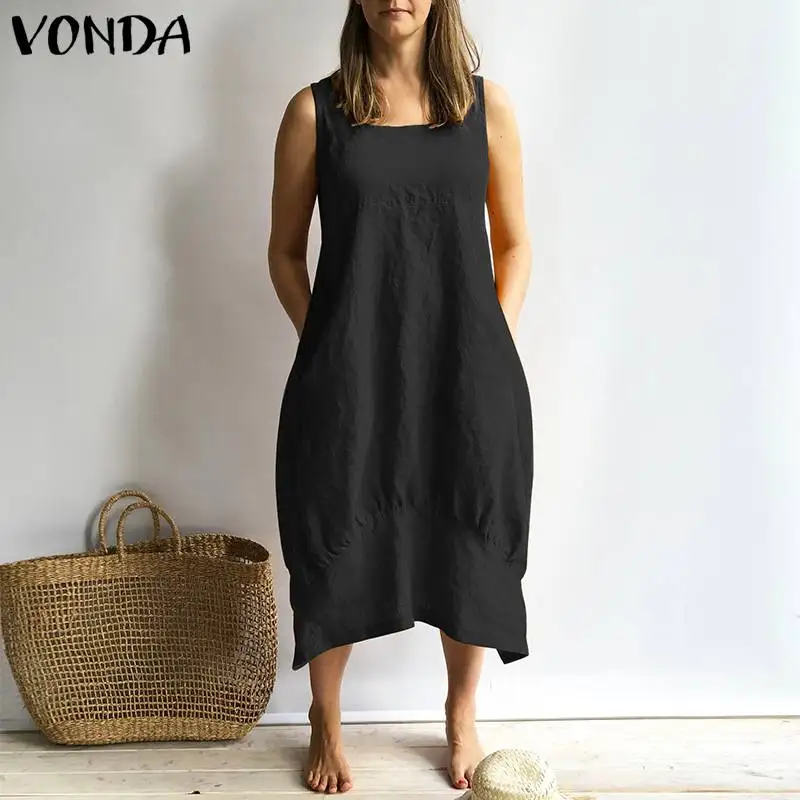 VONDA женское платье летнее сексуальное хлопковое платье без рукавов с квадратным вырезом до середины икры повседневное свободное винтажное платье размера плюс vestidos robe