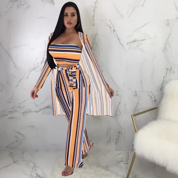 

Colorful Striped Print Strapless Top With Pants And Trench Women 3 Piece Set Autumn New Women Suits