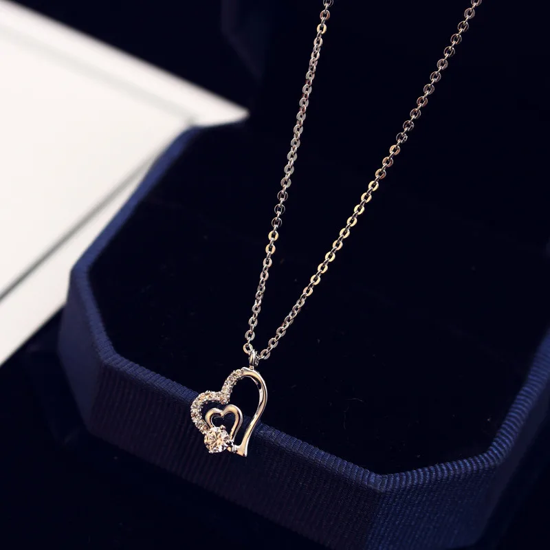 

Fashion Jewellery White Gold Double Heart Pendant Necklaces Maxi Statement Zircon Necklace 2017 New Jewelry Custom Design