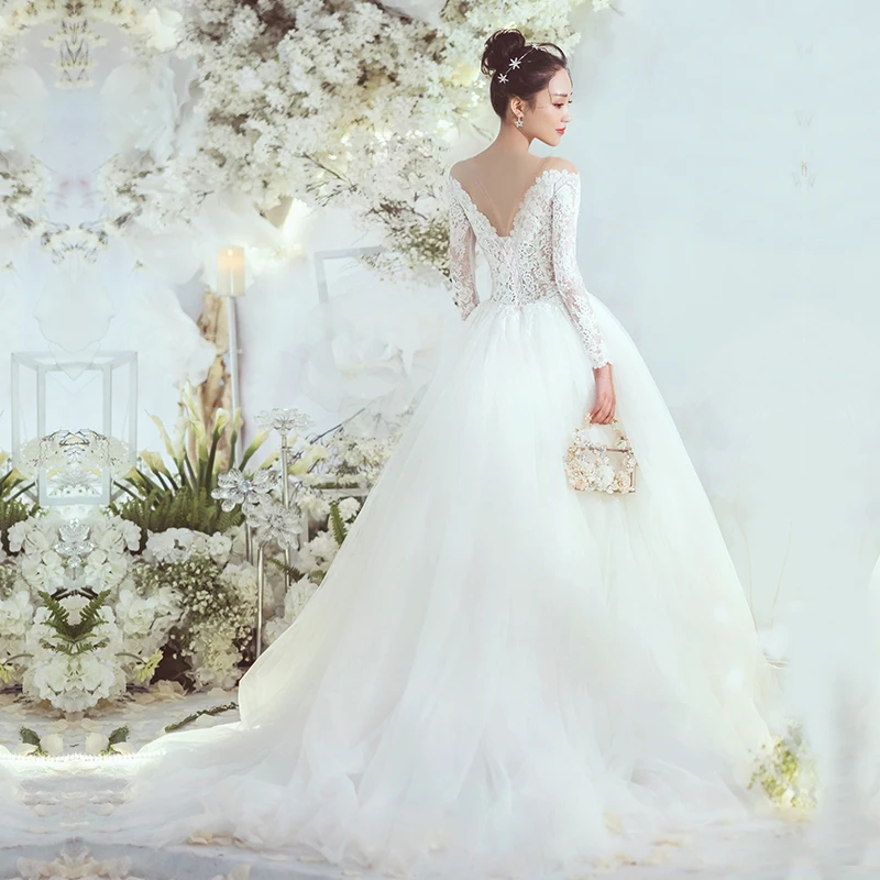 2018 Haute Couture A Line Full Sleeve Wedding Dress Illusion Top