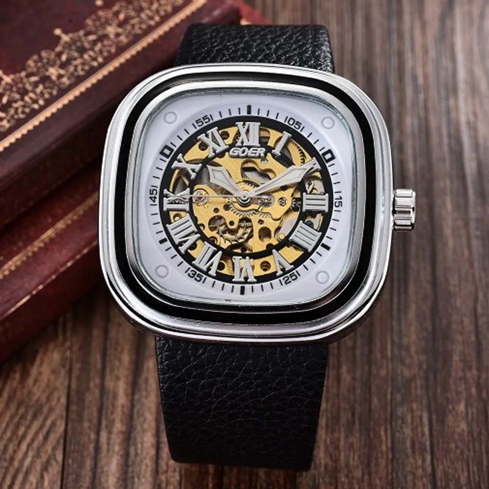 Мужские модные спортивные механические часы с ремешком из искусственной кожи
