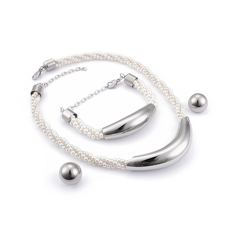 KALEN Bohemia пластиковый жемчужный набор украшений для женщин из нержавеющей стали пластиковая витая Цепочка колье ожерелье браслет серьги набор - Окраска металла: silver