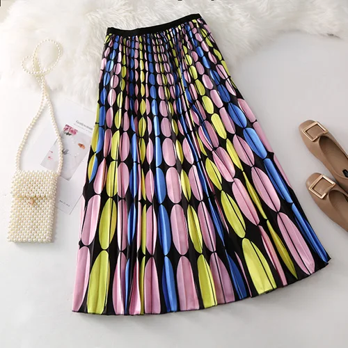 Женская длинная Плиссированная юбка, европейская юбка с высокой талией, весна-лето, мультяшный принт, высокая уличная юбка миди, эластичная талия, трапециевидная - Цвет: 5A