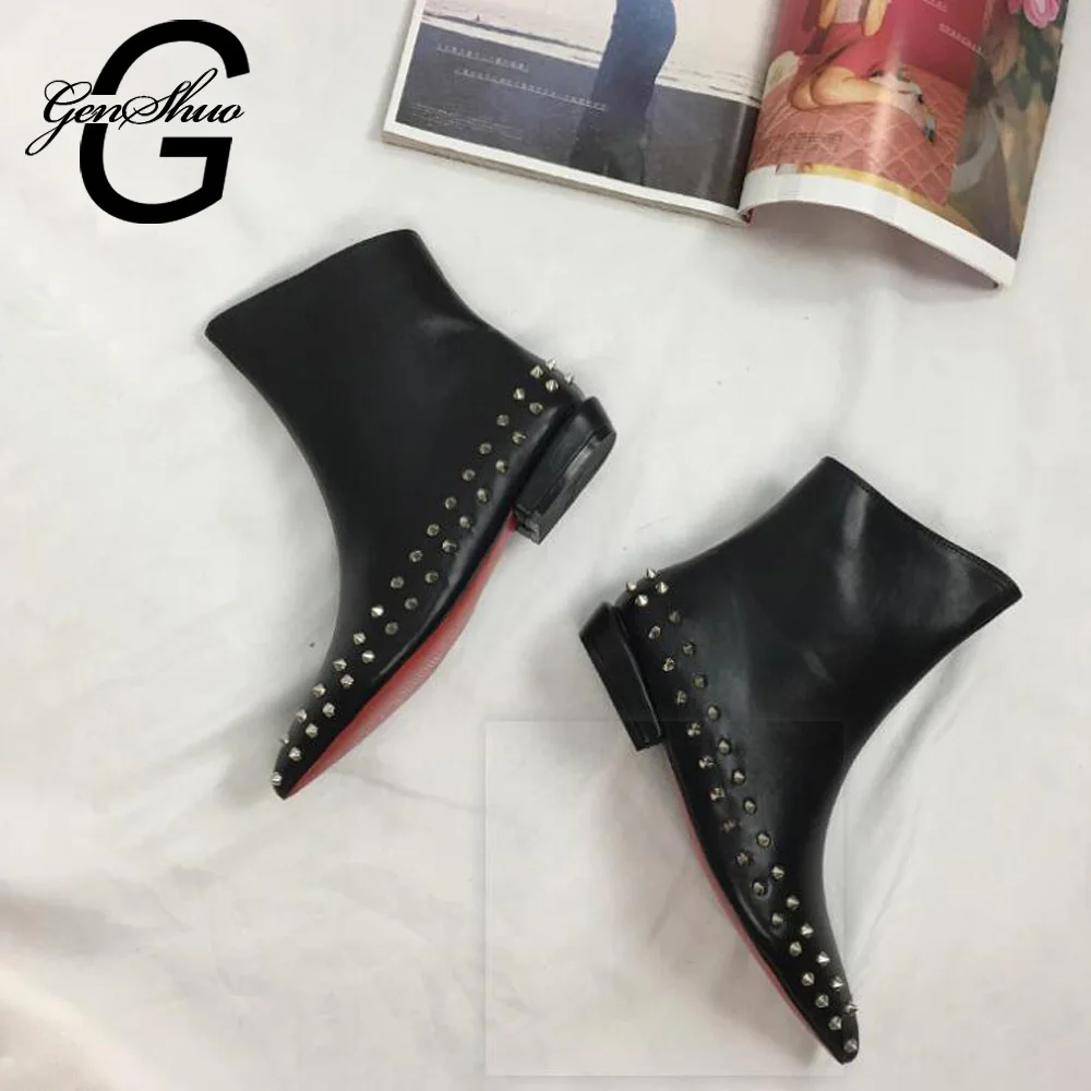 

GENSHUO Fashion Winter Shoes Women Ankle Boots Rivet Pointed Toe Shoes For Women Short Plush Warm Ankle Boots Women's Boots