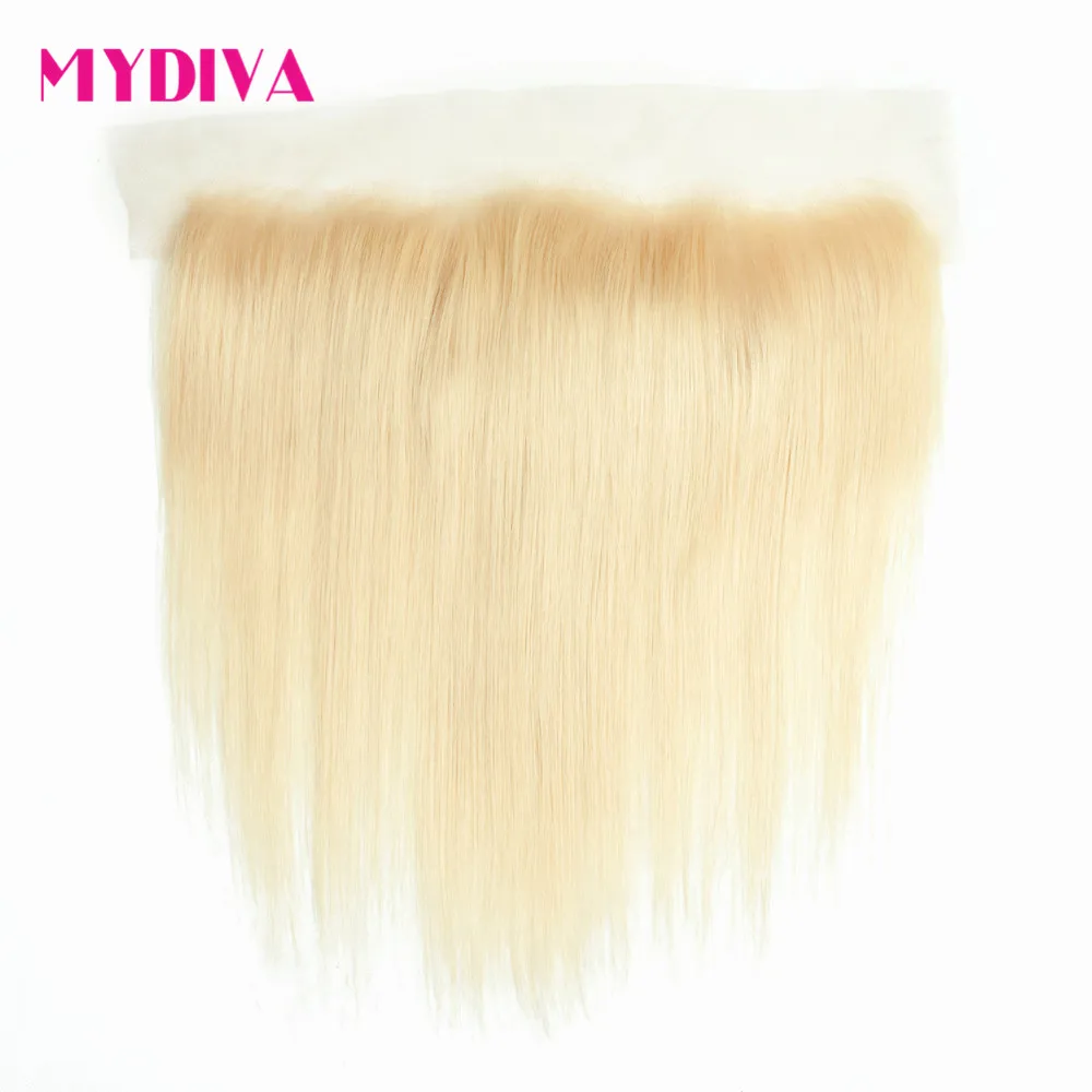 Бразильские прямые волосы пучки с фронтальным кружевом Закрытие 613 блонд человеческих волос 3 пучка с фронтальным Remy расширение Mydiva
