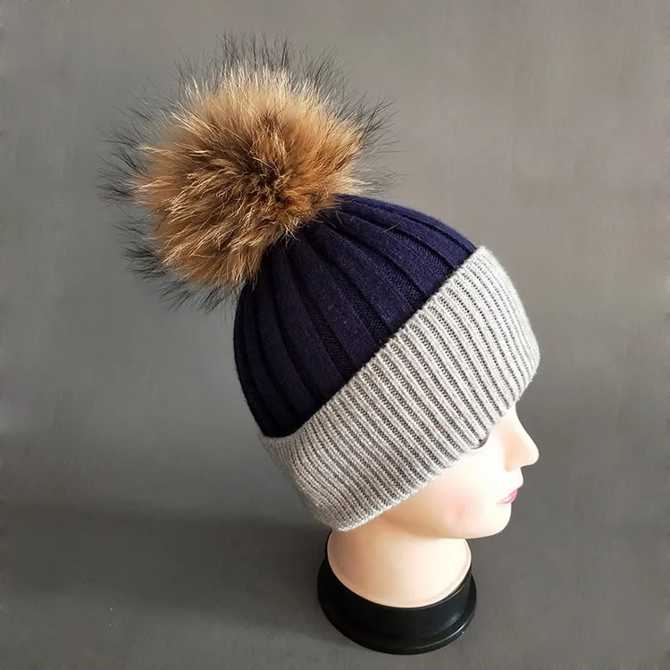[Rancyword] Вязаная кашемировая шапка, шапки из натурального меха, Высококачественная меховая шапка Skullies, шапка для девочек, зимние шапки для женщин RC1226 - Цвет: Blue raccoom ball