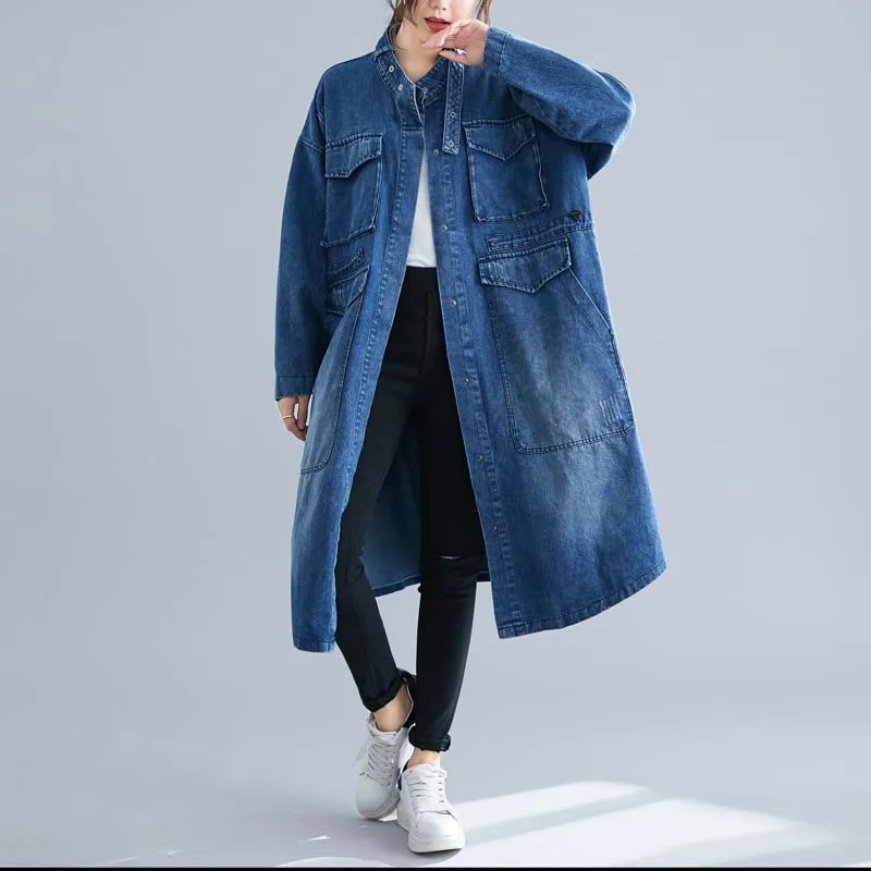 Джинсовое пальто больших размеров d Harajuku женские корейские осенние зимние длинные джинсы ветровка куртка большого размера Кардиган Верхняя одежда 5XL Новинка - Цвет: Синий
