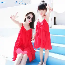 Пикантные красные платье для мамы и дочки Тонкий платье девушка Для женщин летние платья для мамы и дочки подходящая друг к другу одежда