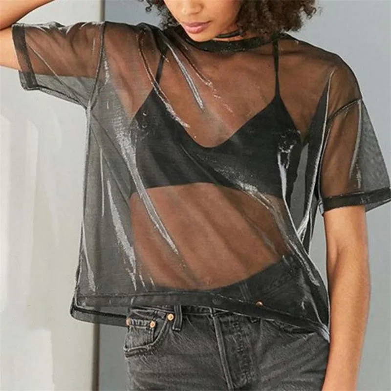 

Fashionable See-Through Shiny T-shirt Women's New Sheer Mesh Vintage Tops Wear Ladies' Short Sleeves T-Shirt Summer Hot Selling
