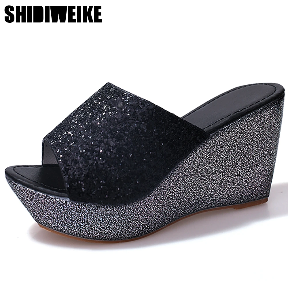 2021 Sequined Wedge Slippers Female Muffin thick-soled Sandals high-heeled Casual non-slip Shoes n976 | Обувь